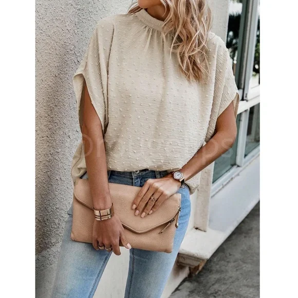 Swiss Dot Beige Blouse Top Flowy, High Neck, Ties - Picture 3 of 7